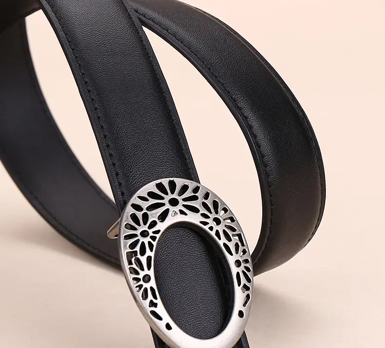Women's Brown Leather Belt with Hollow Flower Buckle — feature 33