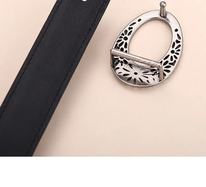 Women's Brown Leather Belt with Hollow Flower Buckle — feature 35