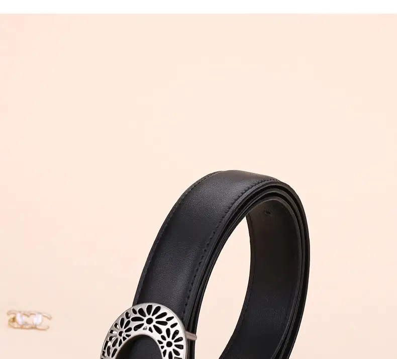 Women's Brown Leather Belt with Hollow Flower Buckle — feature 4