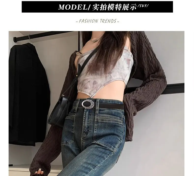 Women's Brown Leather Belt with Hollow Flower Buckle — feature 9