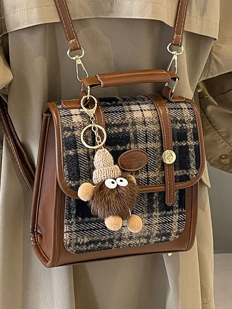 Women's Plaid Crossbody Bag with Fur Pom Pom - Image 2