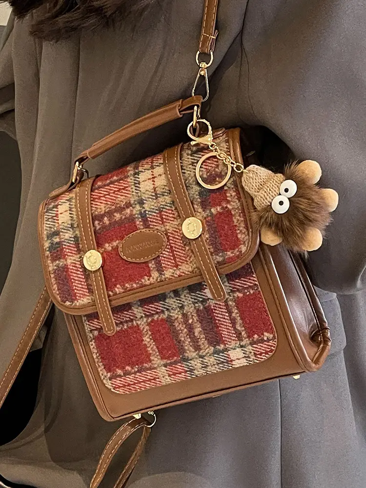 Women's Plaid Crossbody Bag with Fur Pom Pom - Image 3