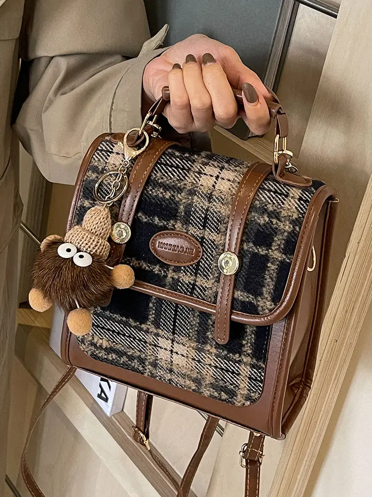 Women's Plaid Crossbody Bag with Fur Pom Pom - Image 4