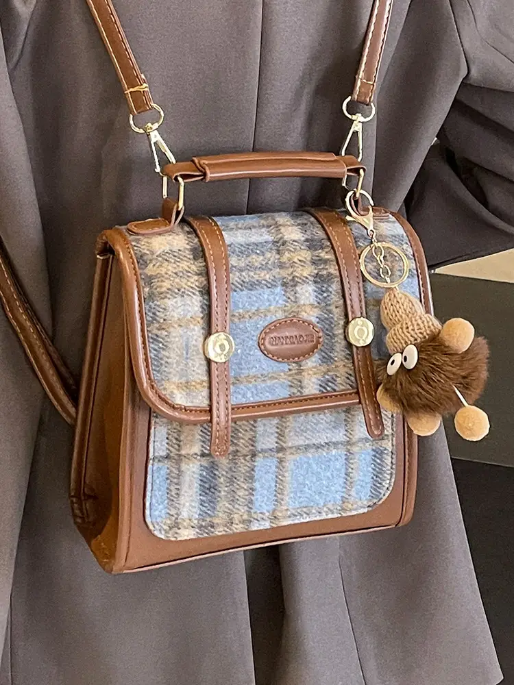 Women's Plaid Crossbody Bag with Fur Pom Pom - Image 5