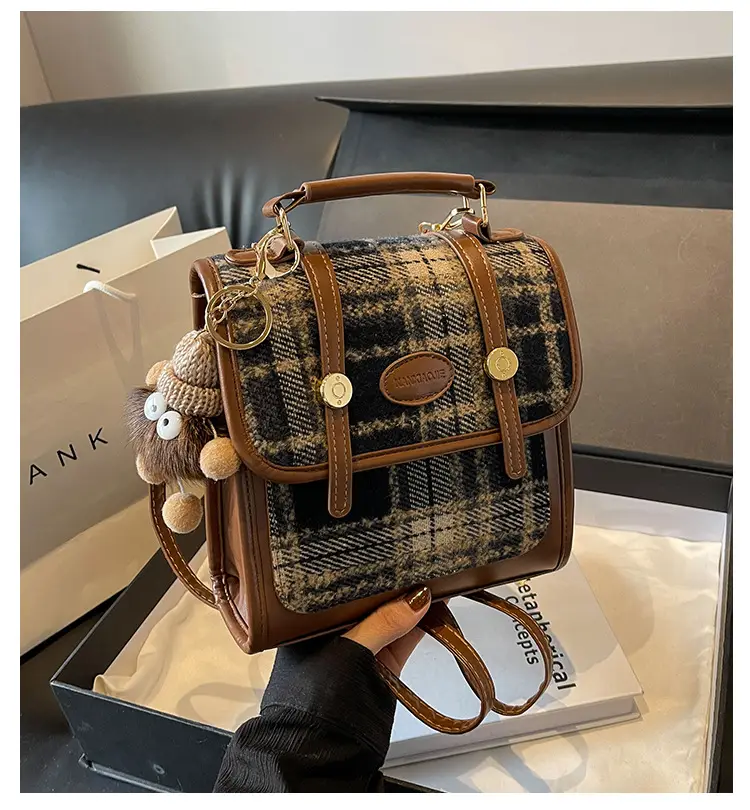 Women's Plaid Crossbody Bag with Fur Pom Pom — feature 1