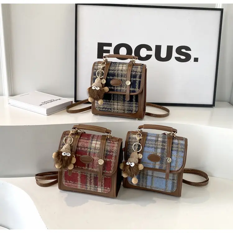 Women's Plaid Crossbody Bag with Fur Pom Pom — feature 11