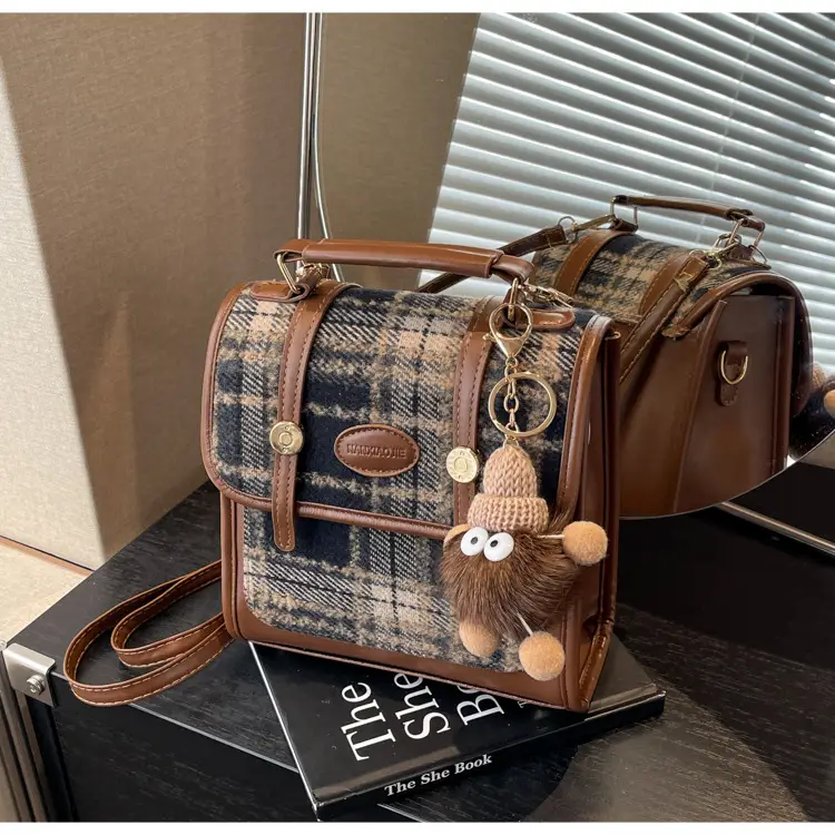 Women's Plaid Crossbody Bag with Fur Pom Pom — feature 12