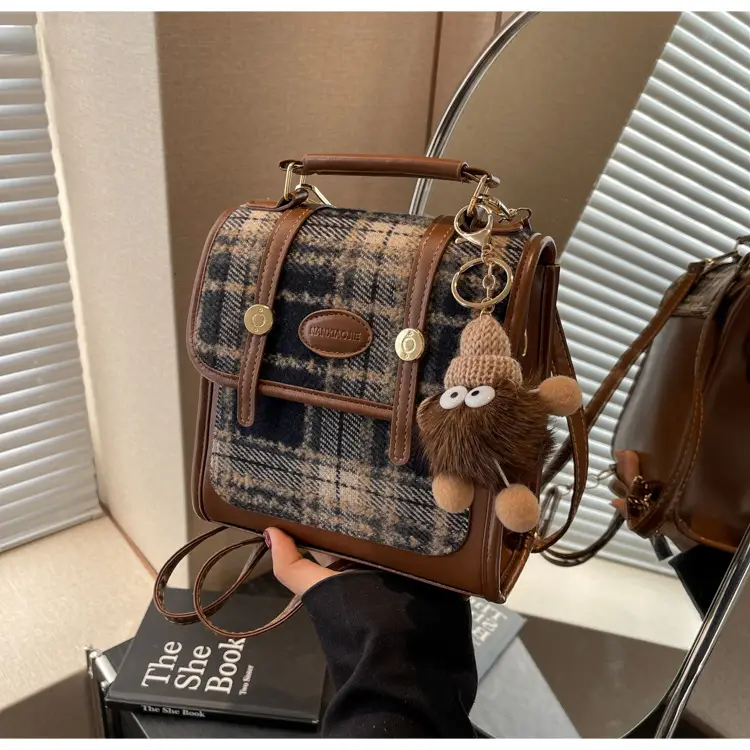 Women's Plaid Crossbody Bag with Fur Pom Pom — feature 13