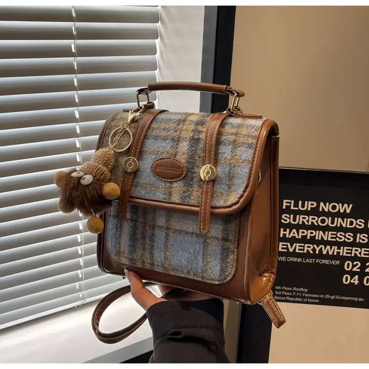 Women's Plaid Crossbody Bag with Fur Pom Pom — feature 14