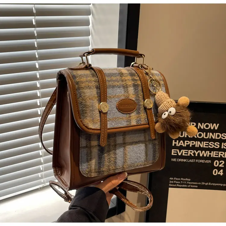 Women's Plaid Crossbody Bag with Fur Pom Pom — feature 15