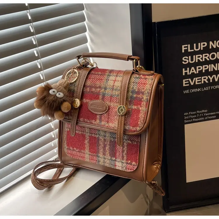 Women's Plaid Crossbody Bag with Fur Pom Pom — feature 16