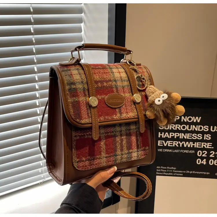 Women's Plaid Crossbody Bag with Fur Pom Pom — feature 17