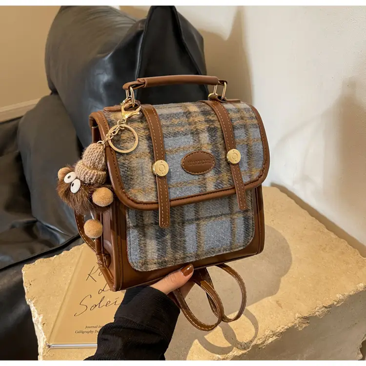 Women's Plaid Crossbody Bag with Fur Pom Pom — feature 18