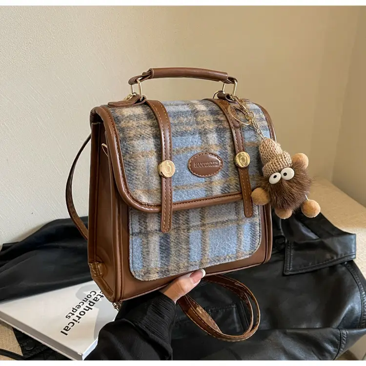 Women's Plaid Crossbody Bag with Fur Pom Pom — feature 19