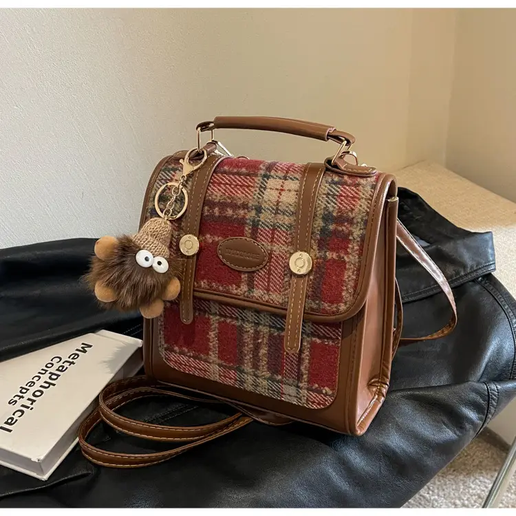 Women's Plaid Crossbody Bag with Fur Pom Pom — feature 20