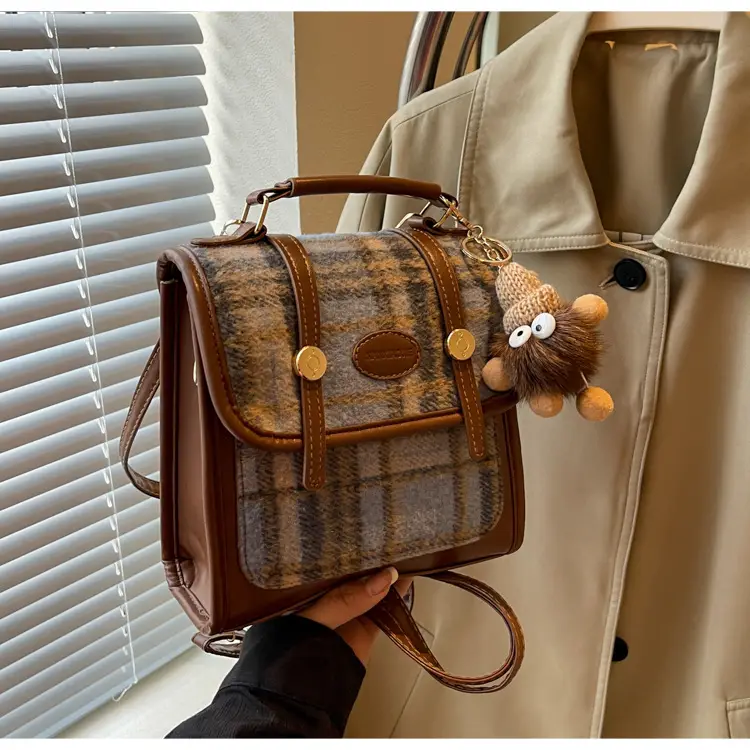 Women's Plaid Crossbody Bag with Fur Pom Pom — feature 21