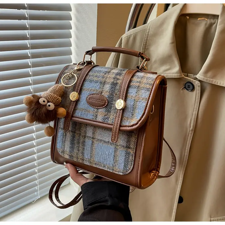 Women's Plaid Crossbody Bag with Fur Pom Pom — feature 22
