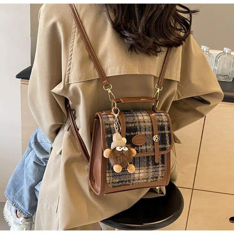 Women's Plaid Crossbody Bag with Fur Pom Pom — feature 25