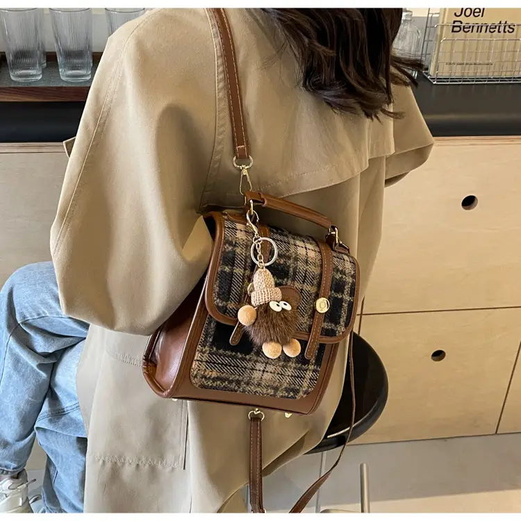 Women's Plaid Crossbody Bag with Fur Pom Pom — feature 26