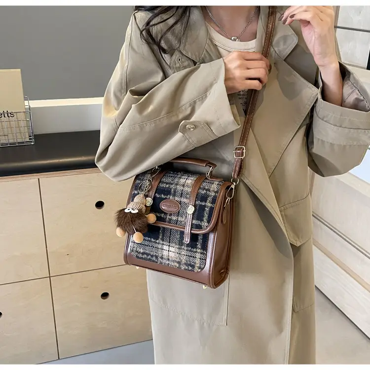 Women's Plaid Crossbody Bag with Fur Pom Pom — feature 28