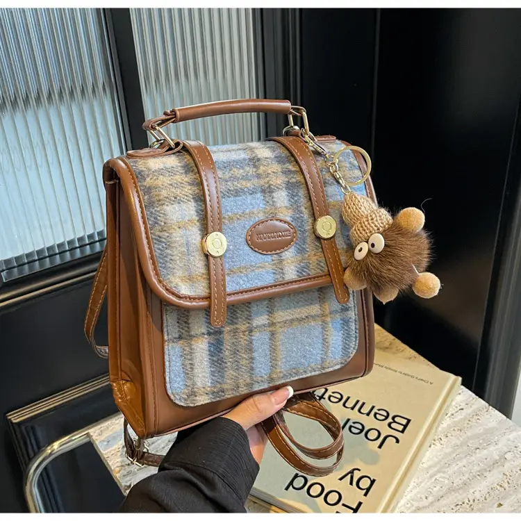 Women's Plaid Crossbody Bag with Fur Pom Pom — feature 29