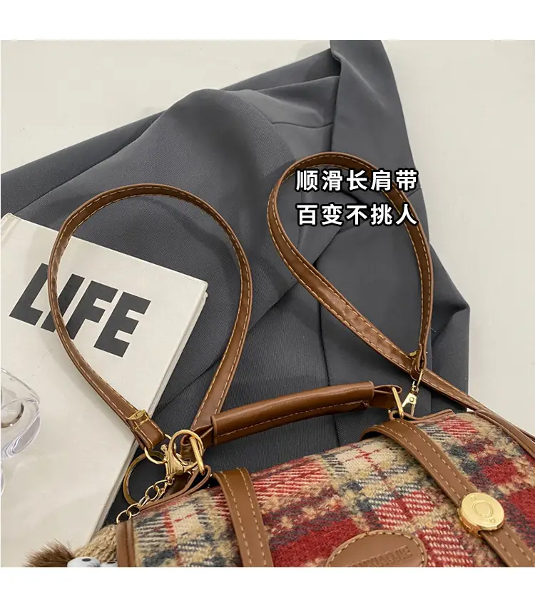 Women's Plaid Crossbody Bag with Fur Pom Pom — feature 3
