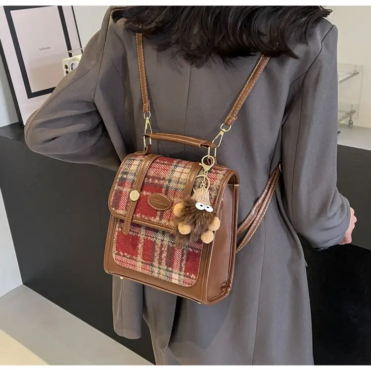 Women's Plaid Crossbody Bag with Fur Pom Pom — feature 31