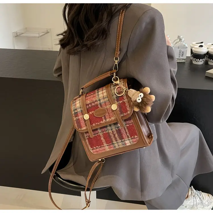 Women's Plaid Crossbody Bag with Fur Pom Pom — feature 32