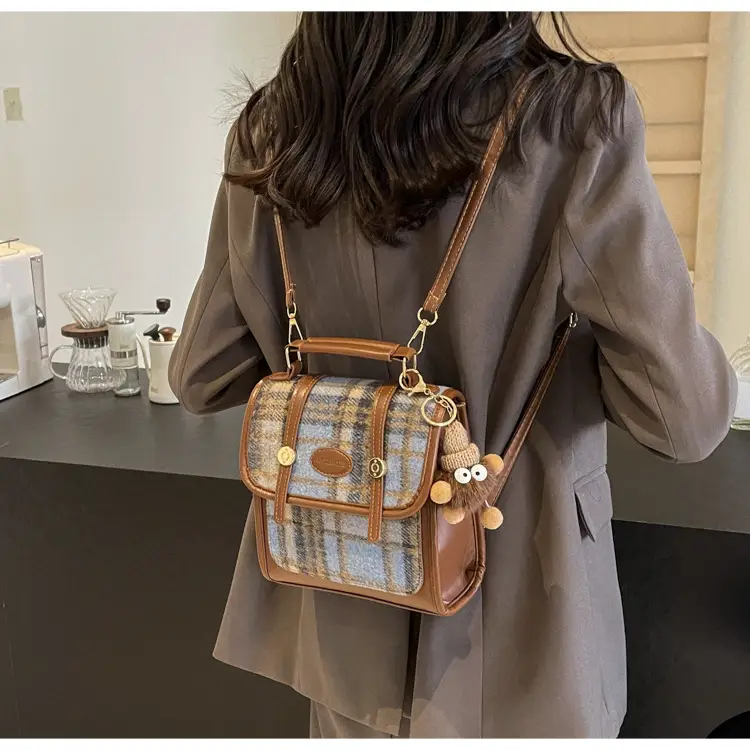 Women's Plaid Crossbody Bag with Fur Pom Pom — feature 33