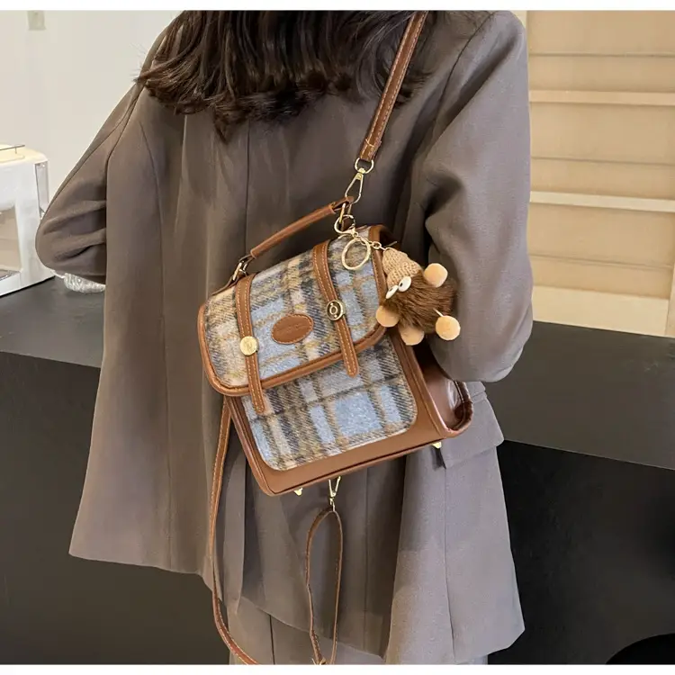 Women's Plaid Crossbody Bag with Fur Pom Pom — feature 34