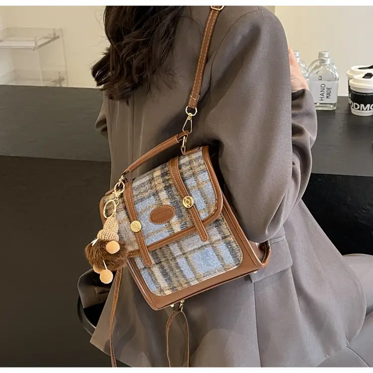Women's Plaid Crossbody Bag with Fur Pom Pom — feature 35