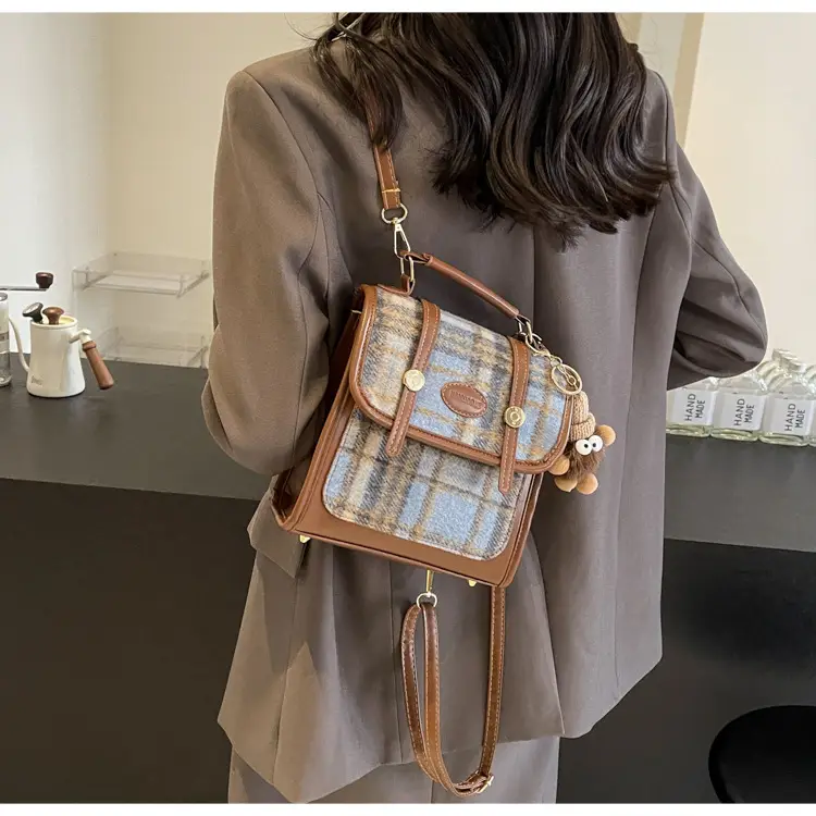 Women's Plaid Crossbody Bag with Fur Pom Pom — feature 36