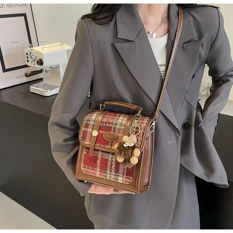 Women's Plaid Crossbody Bag with Fur Pom Pom — feature 38