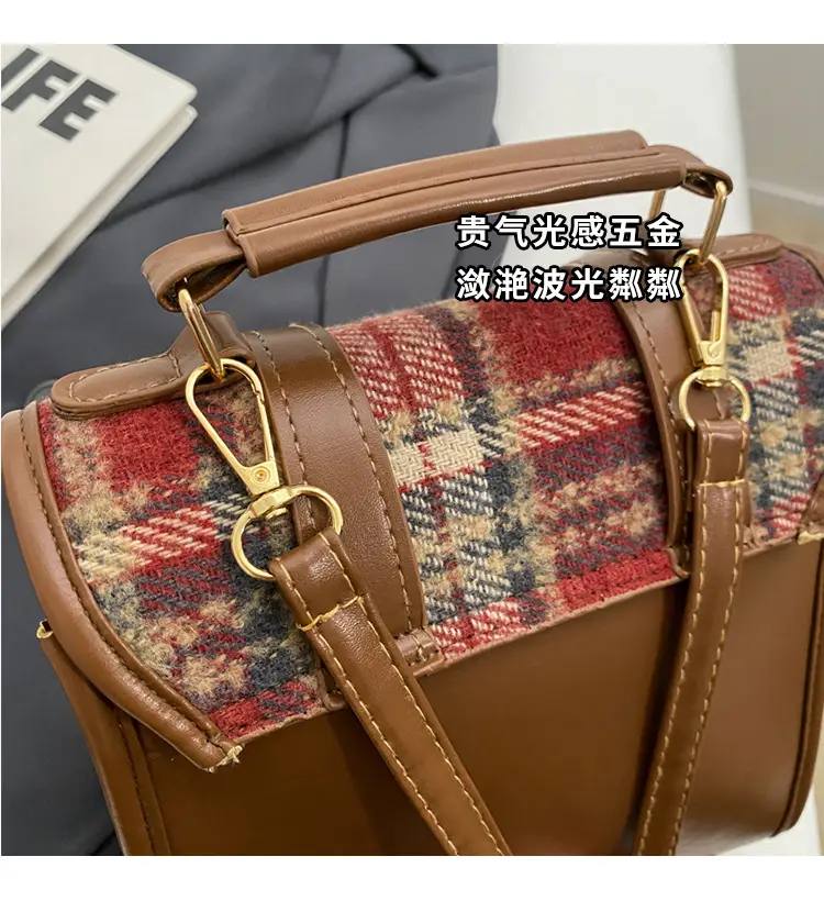Women's Plaid Crossbody Bag with Fur Pom Pom — feature 4