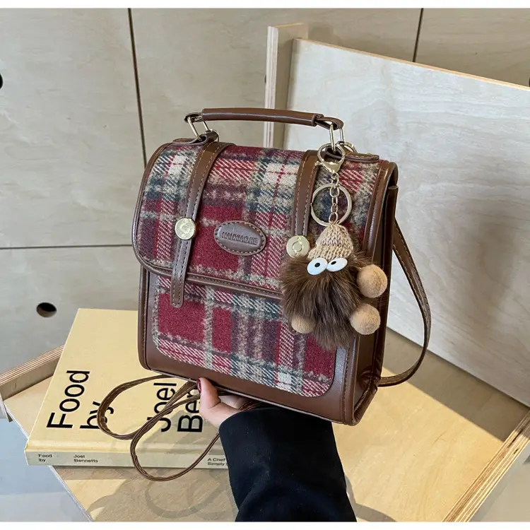 Women's Plaid Crossbody Bag with Fur Pom Pom — feature 40