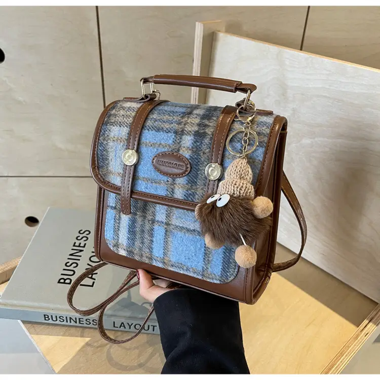 Women's Plaid Crossbody Bag with Fur Pom Pom — feature 41