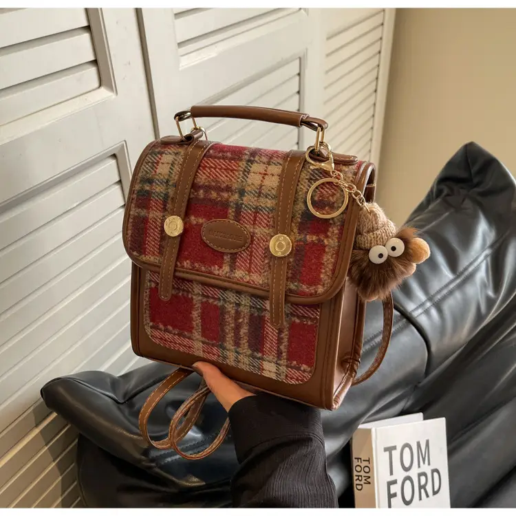 Women's Plaid Crossbody Bag with Fur Pom Pom — feature 42