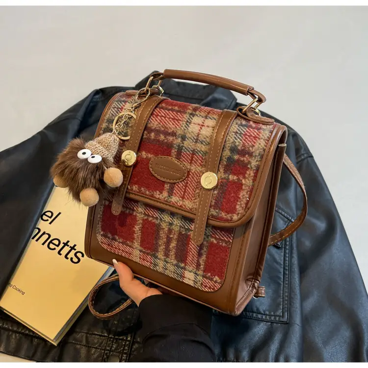 Women's Plaid Crossbody Bag with Fur Pom Pom — feature 43