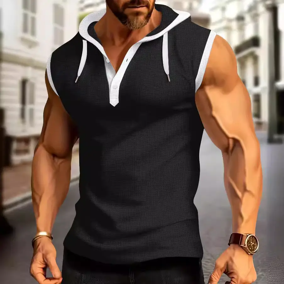 Men's White Muscle Sleeveless Hooded Polo Shirt - Image 8