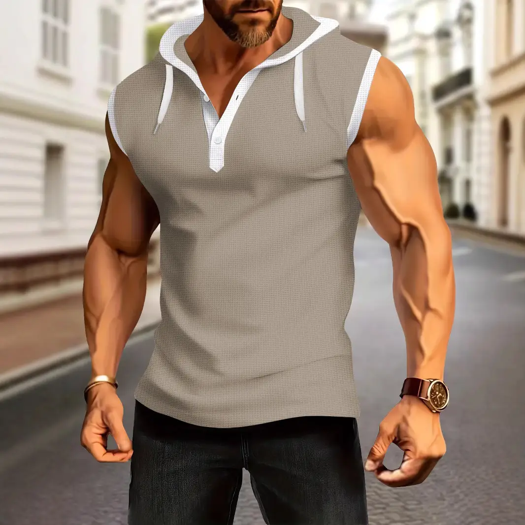 Men's White Muscle Sleeveless Hooded Polo Shirt - Image 9