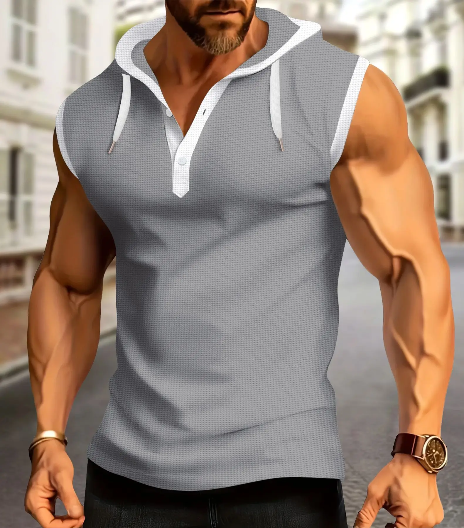 Men's White Muscle Sleeveless Hooded Polo Shirt — feature 3