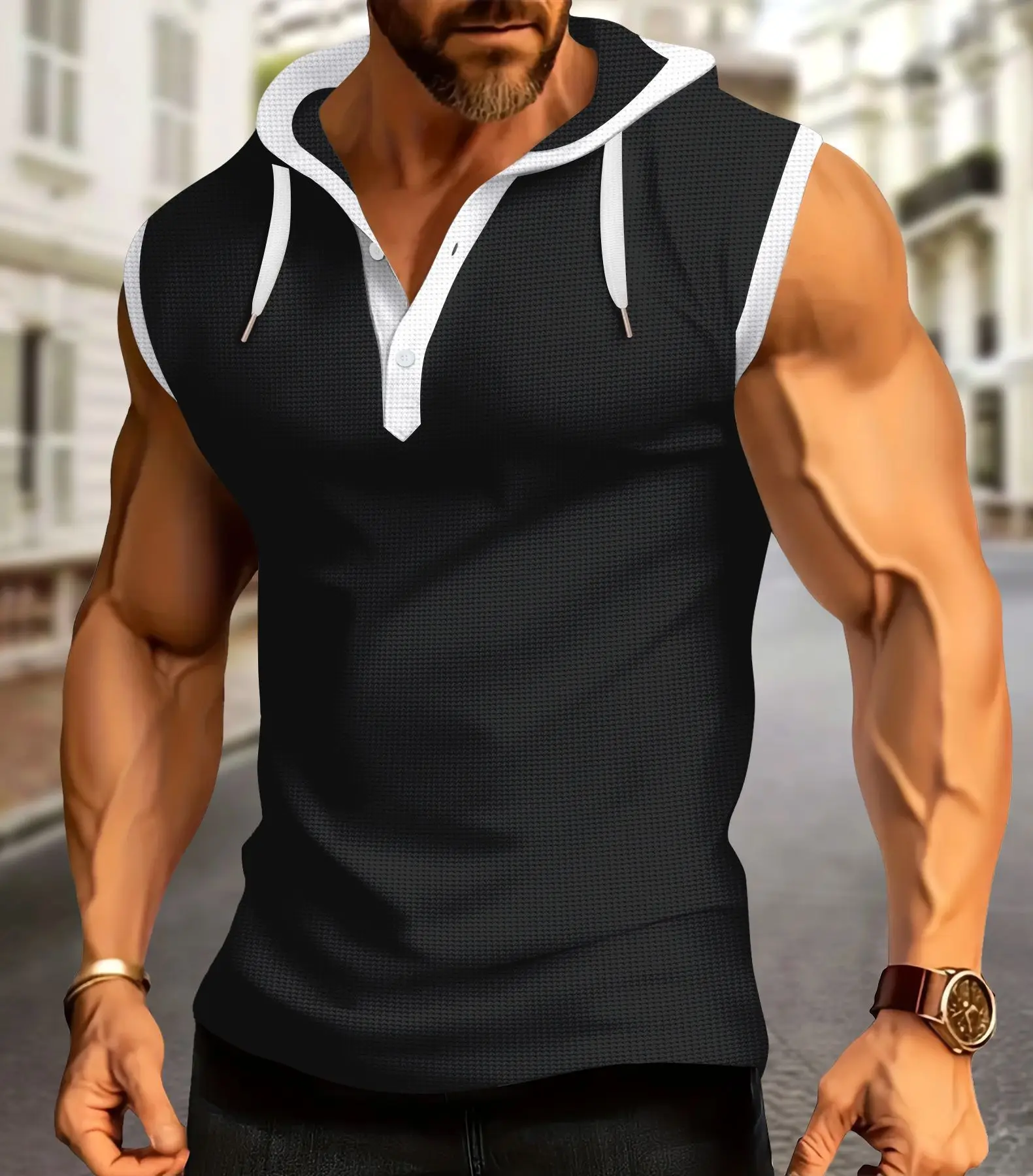 Men's White Muscle Sleeveless Hooded Polo Shirt — feature 4