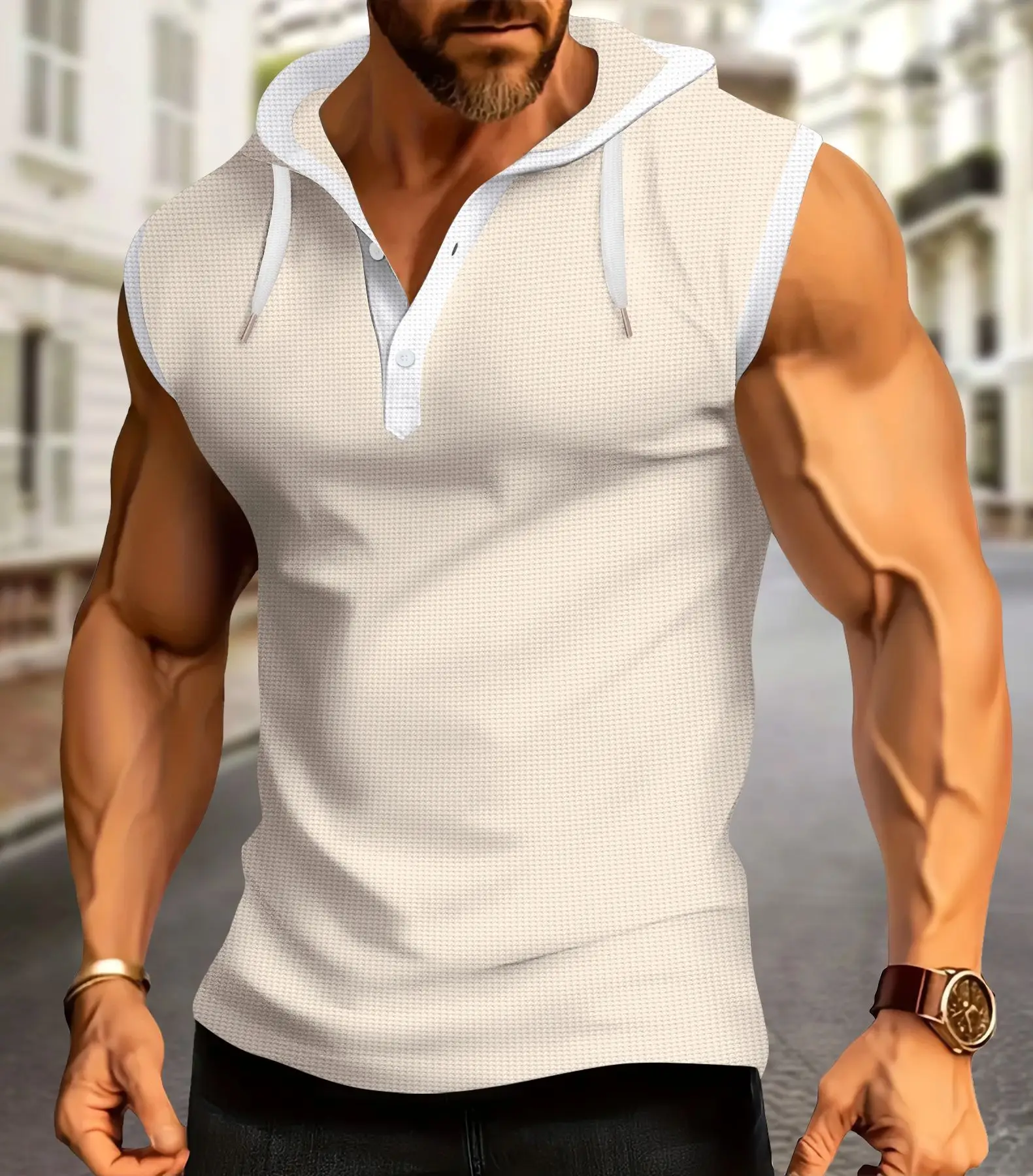 Men's White Muscle Sleeveless Hooded Polo Shirt — feature 5