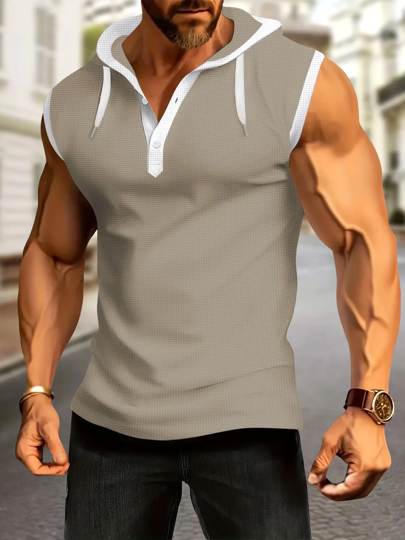 Men's White Muscle Sleeveless Hooded Polo Shirt - Image 4