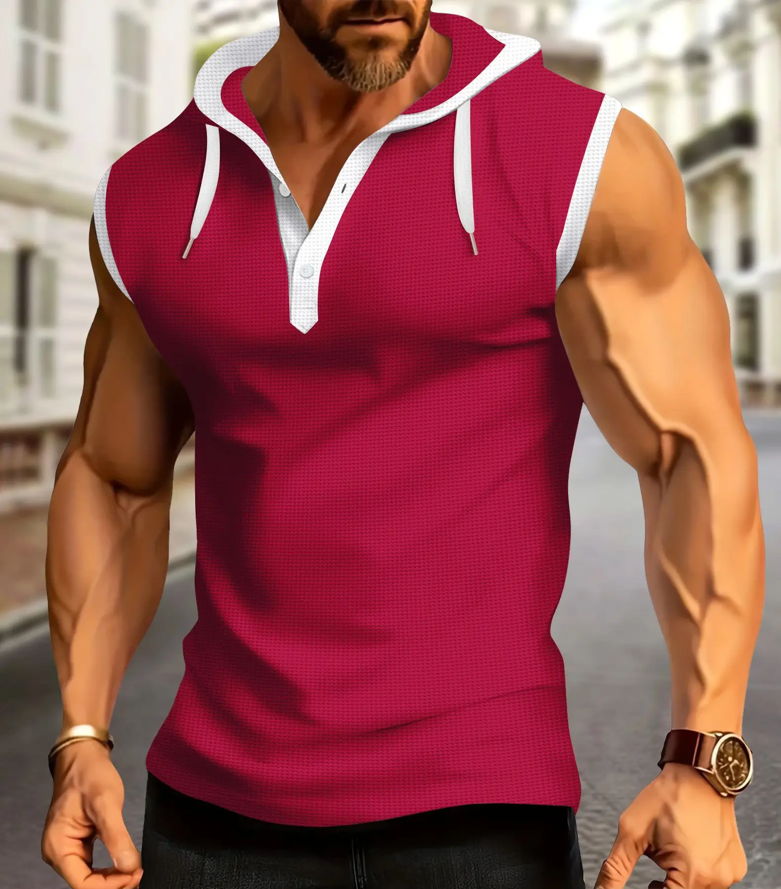 Men's White Muscle Sleeveless Hooded Polo Shirt - Image 6