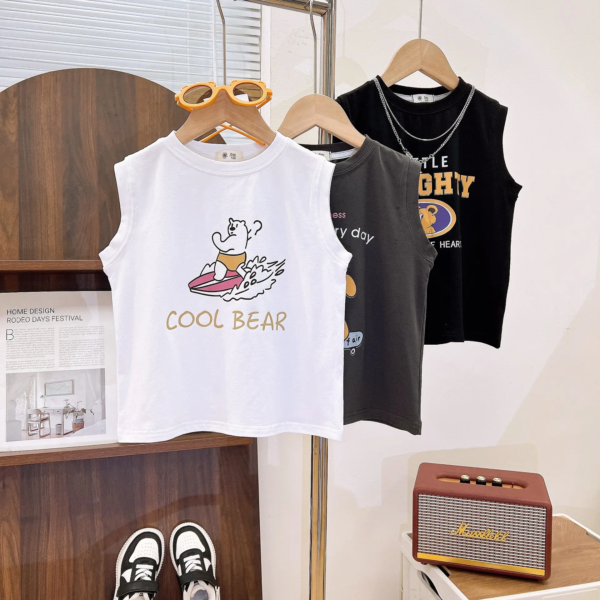 Boys Cotton V-Neck Sleeveless T-Shirt Gray Cartoon Print - Image 4