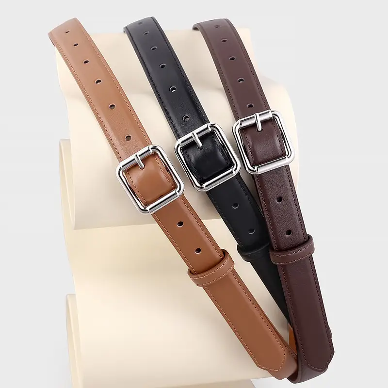 Women's Black Leather Belt with Buckle & Stitched Design - Image 2