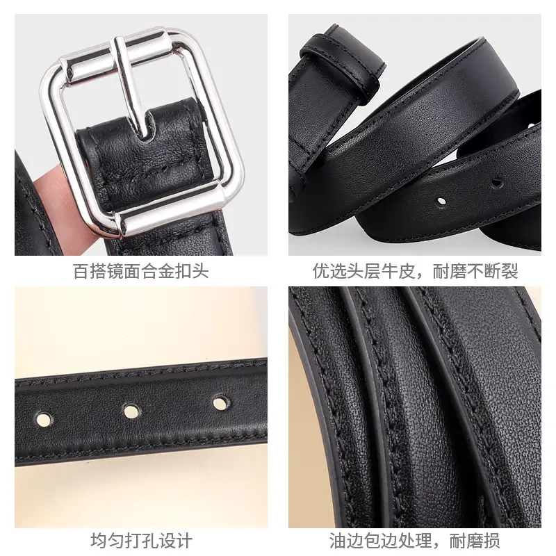 Women's Black Leather Belt with Buckle & Stitched Design - Image 3