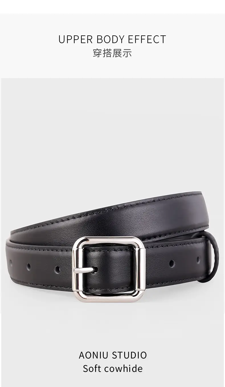 Women's Black Leather Belt with Buckle & Stitched Design — feature 11