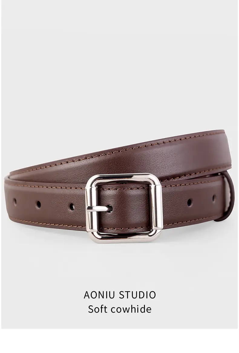 Women's Black Leather Belt with Buckle & Stitched Design — feature 13